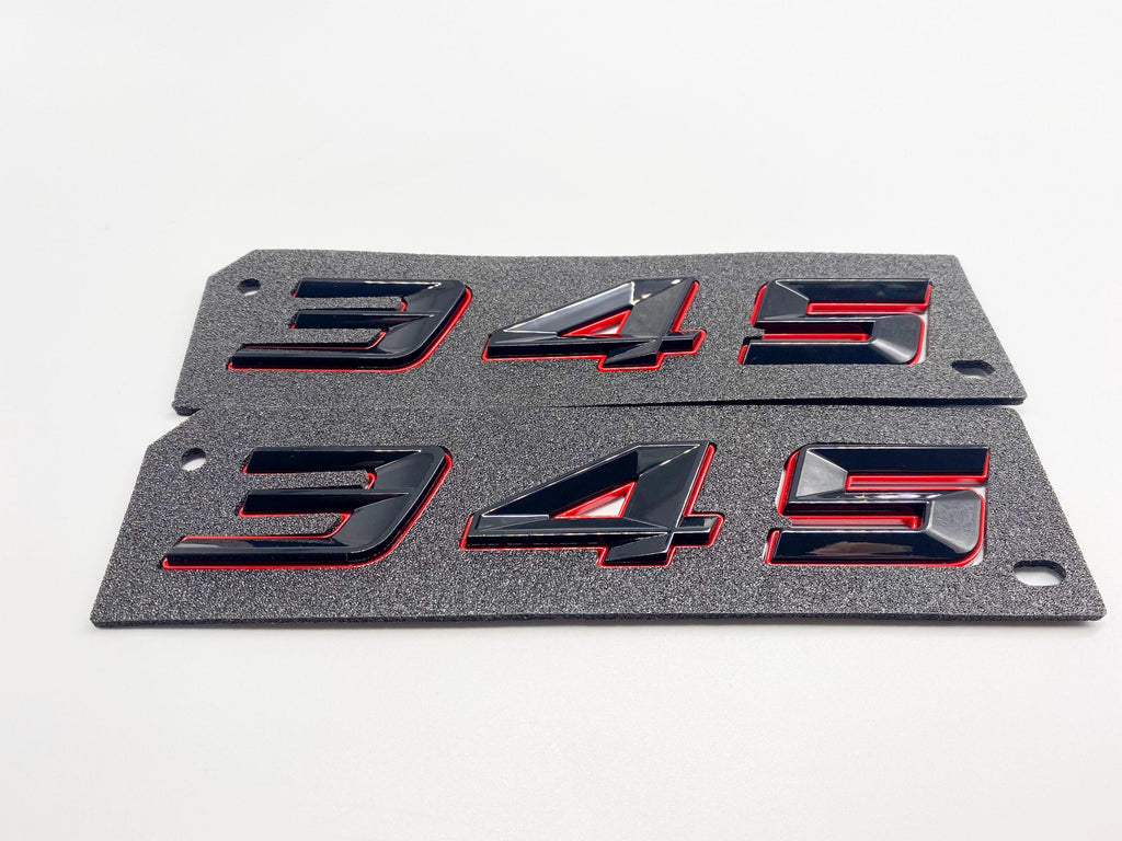 345 Fender Badges Black with Red Emblem Angry Aggressive Car Badge | 2 BADGES | 345 3D Fender Badges