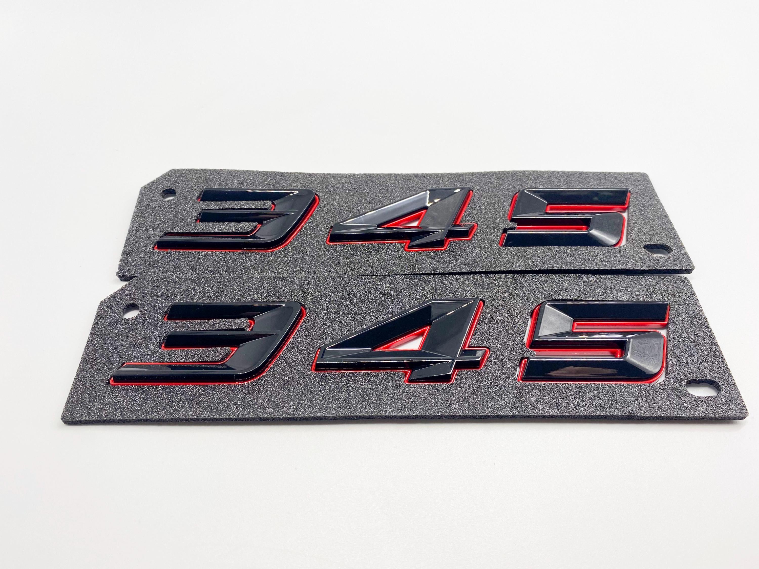 345 Fender Badges Black with Red Emblem Angry Aggressive Car Badge | 2 BADGES | 345 3D Fender Badges