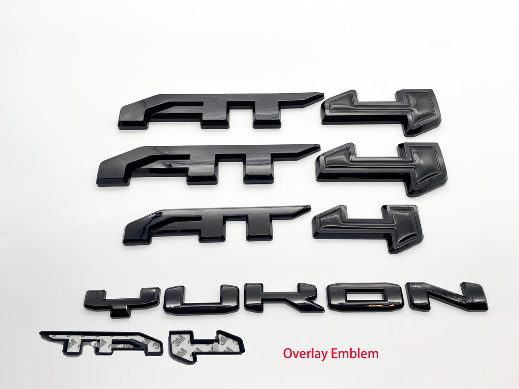4Pcs Gloss Black Overlay Emblems Kit 2021-2025 Yukon AT4 Letters Emblem 3D Door Rear Nameplate