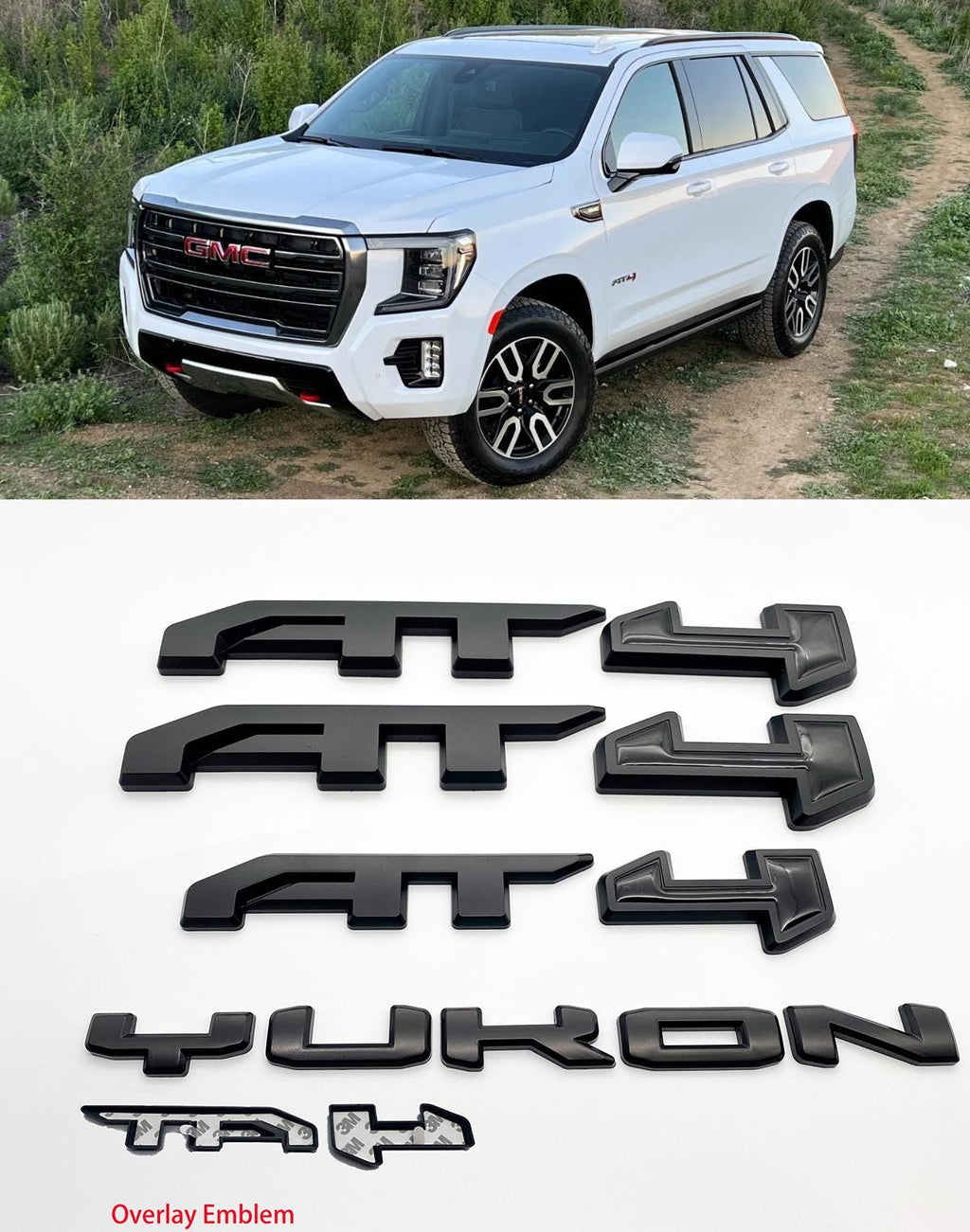 4Pcs Matte Black Overlay Emblems Kit 2021-2025 Yukon AT4 Letters Emblem 3D Door Rear Nameplate