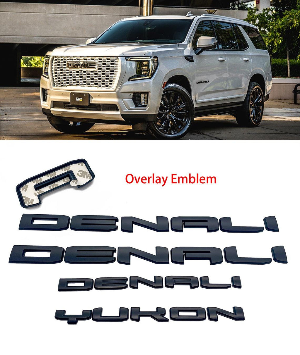 4Pcs Matte Black Overlay Emblems Kit 2021-2024 Yukon Denali Letters Emblem 3D Door Rear Nameplate