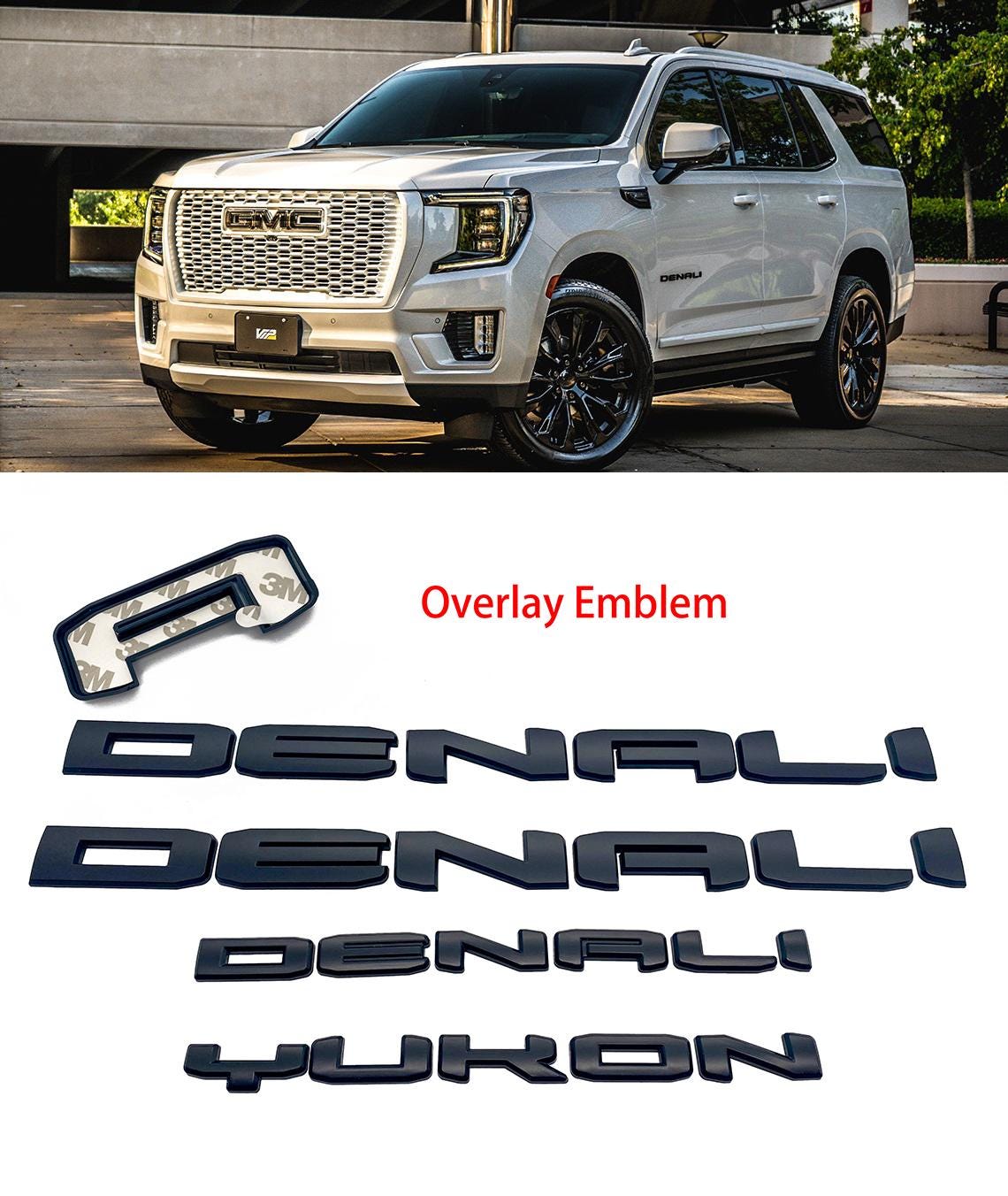 4Pcs Matte Black Overlay Emblems Kit 2021-2024 Yukon Denali Letters Emblem 3D Door Rear Nameplate