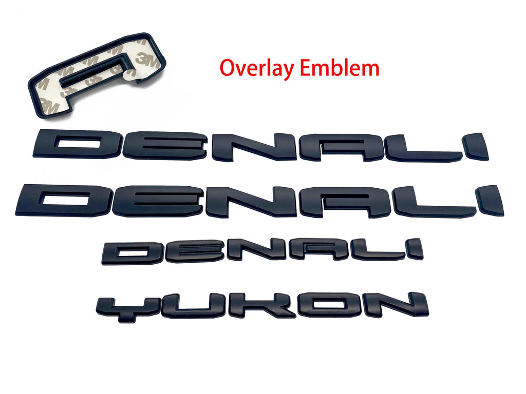 4Pcs Matte Black Overlay Emblems Kit 2021-2024 Yukon Denali Letters Emblem 3D Door Rear Nameplate