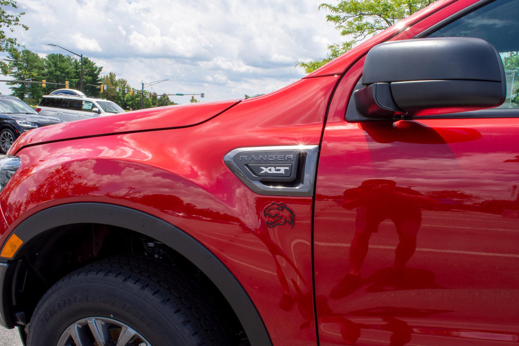 Black on Red Double Layer Dinosaur Fender Badges | Aggressive Raptor Design for F150, RAM 1500, and More | 2 Premium Badges