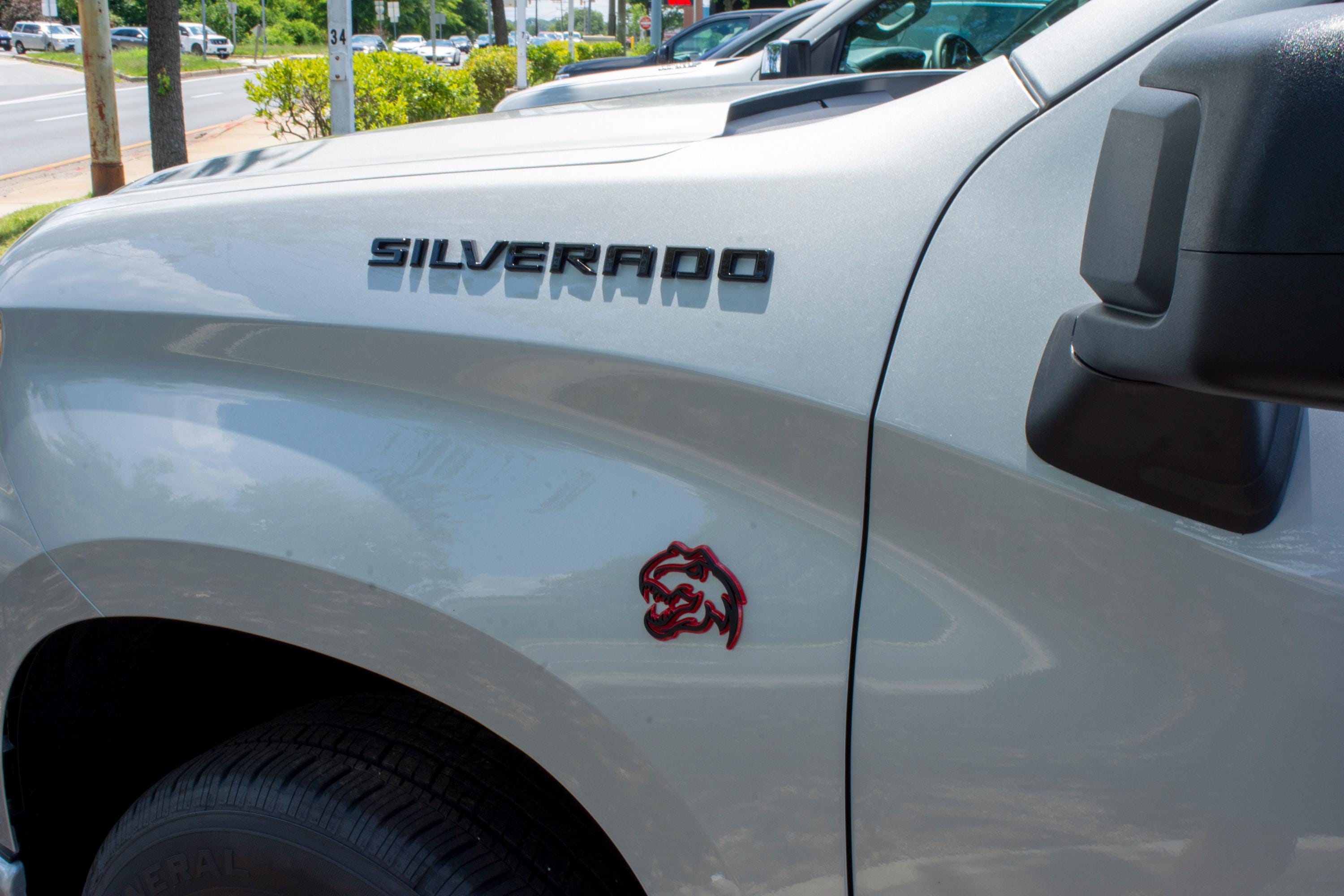 Black on Red Double Layer Dinosaur Fender Badges | Aggressive Raptor Design for F150, RAM 1500, and More | 2 Premium Badges