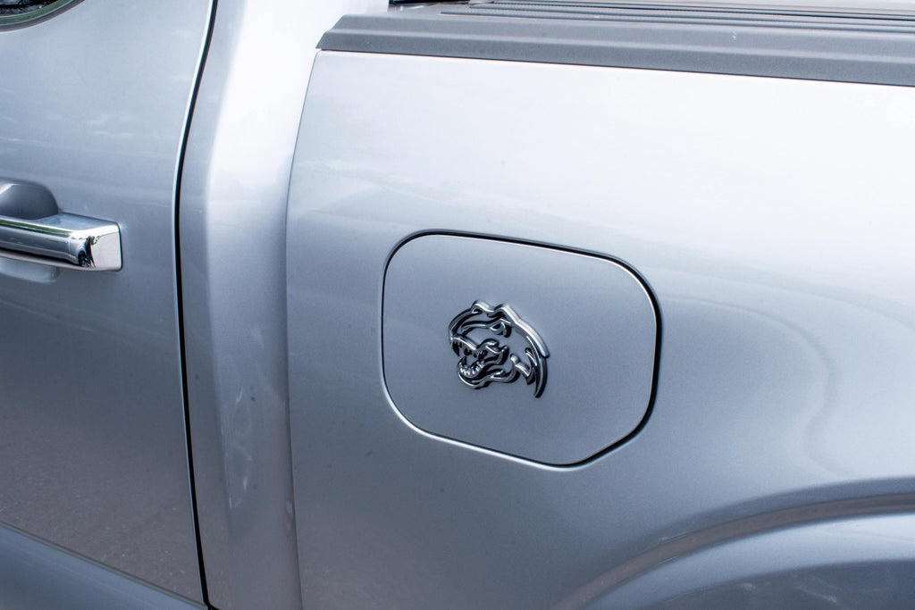 Chrome on Black Double Layer Dinosaur Fender Badges | Aggressive Raptor Design for F150, RAM 1500, and More | 2 Premium Badges