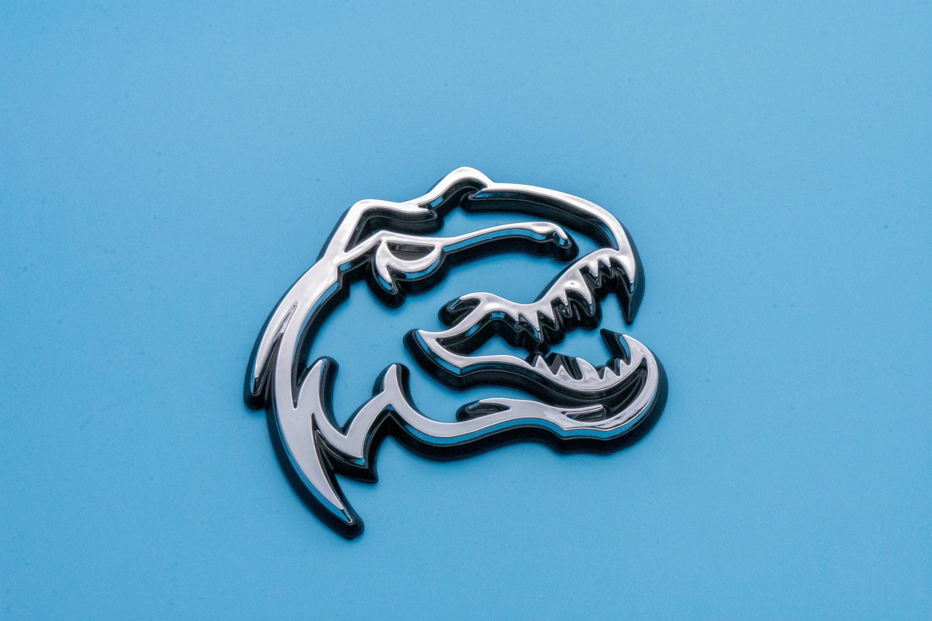 Chrome on Black Double Layer Dinosaur Fender Badges | Aggressive Raptor Design for F150, RAM 1500, and More | 2 Premium Badges