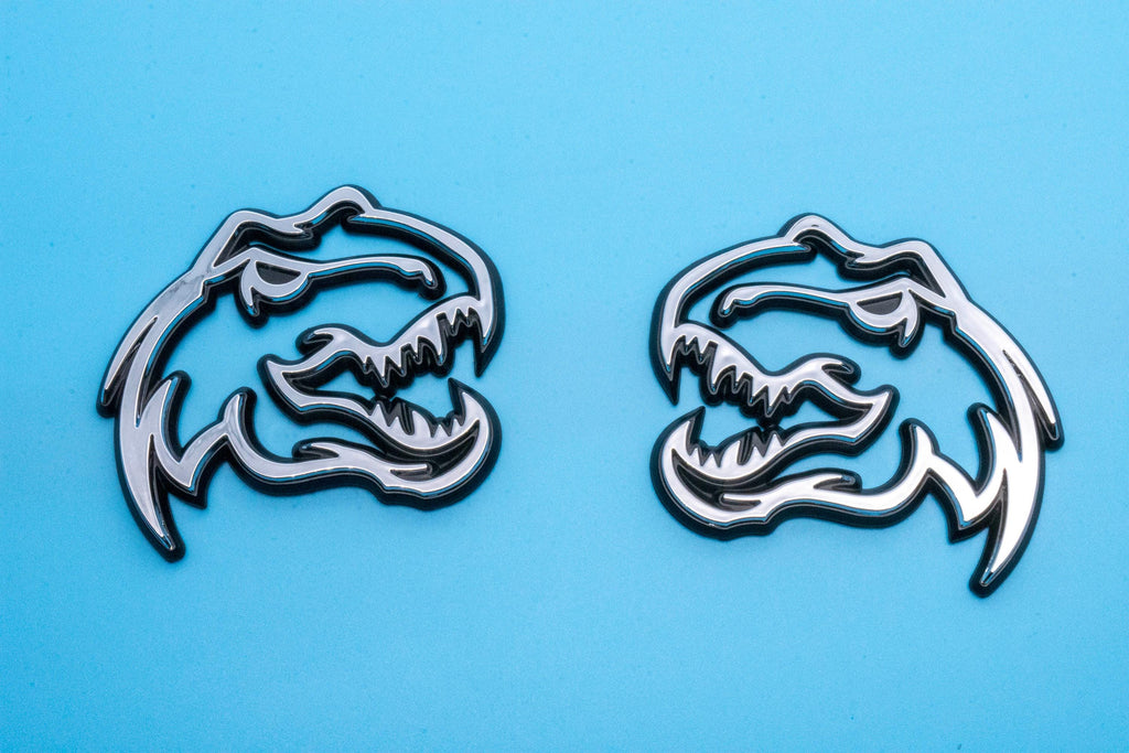 Chrome on Black Double Layer Dinosaur Fender Badges | Aggressive Raptor Design for F150, RAM 1500, and More | 2 Premium Badges