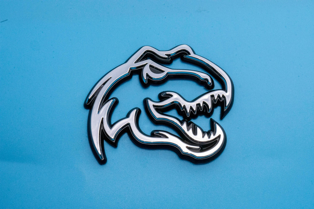 Chrome on Black Double Layer Dinosaur Fender Badges | Aggressive Raptor Design for F150, RAM 1500, and More | 2 Premium Badges