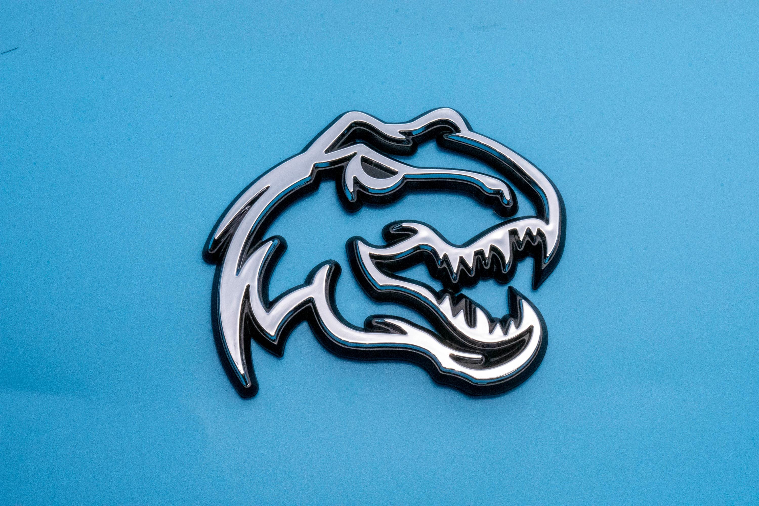 Chrome on Black Double Layer Dinosaur Fender Badges | Aggressive Raptor Design for F150, RAM 1500, and More | 2 Premium Badges
