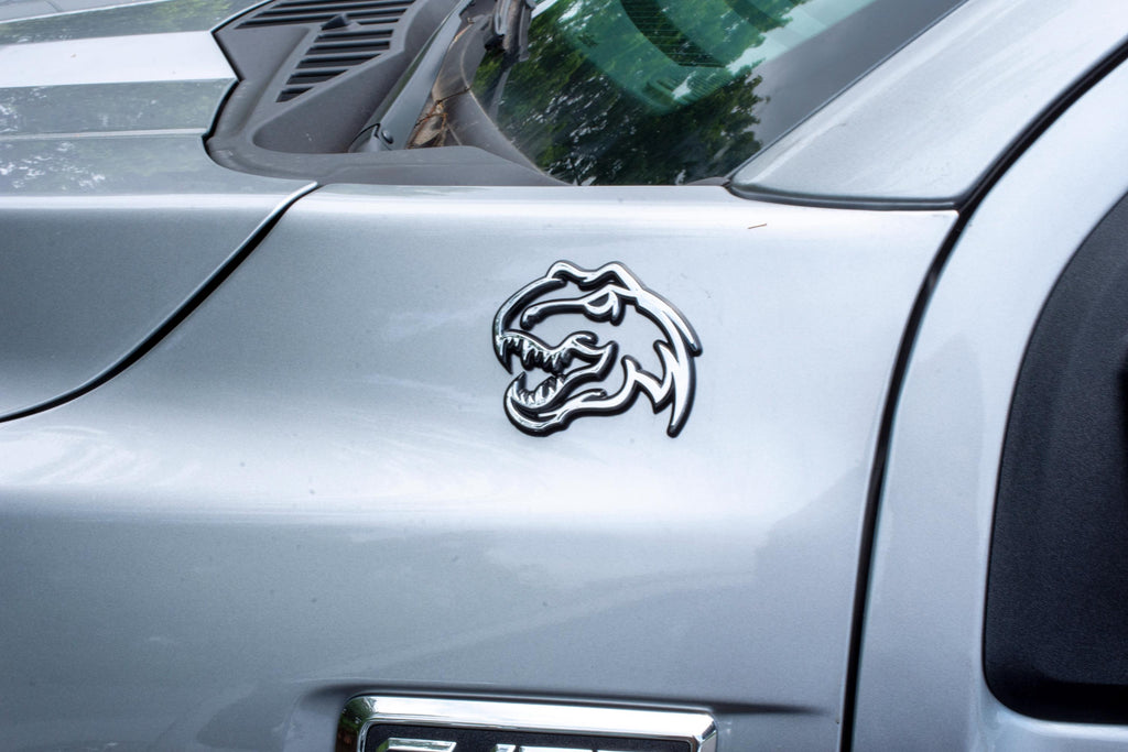 Chrome on Black Double Layer Dinosaur Fender Badges | Aggressive Raptor Design for F150, RAM 1500, and More | 2 Premium Badges