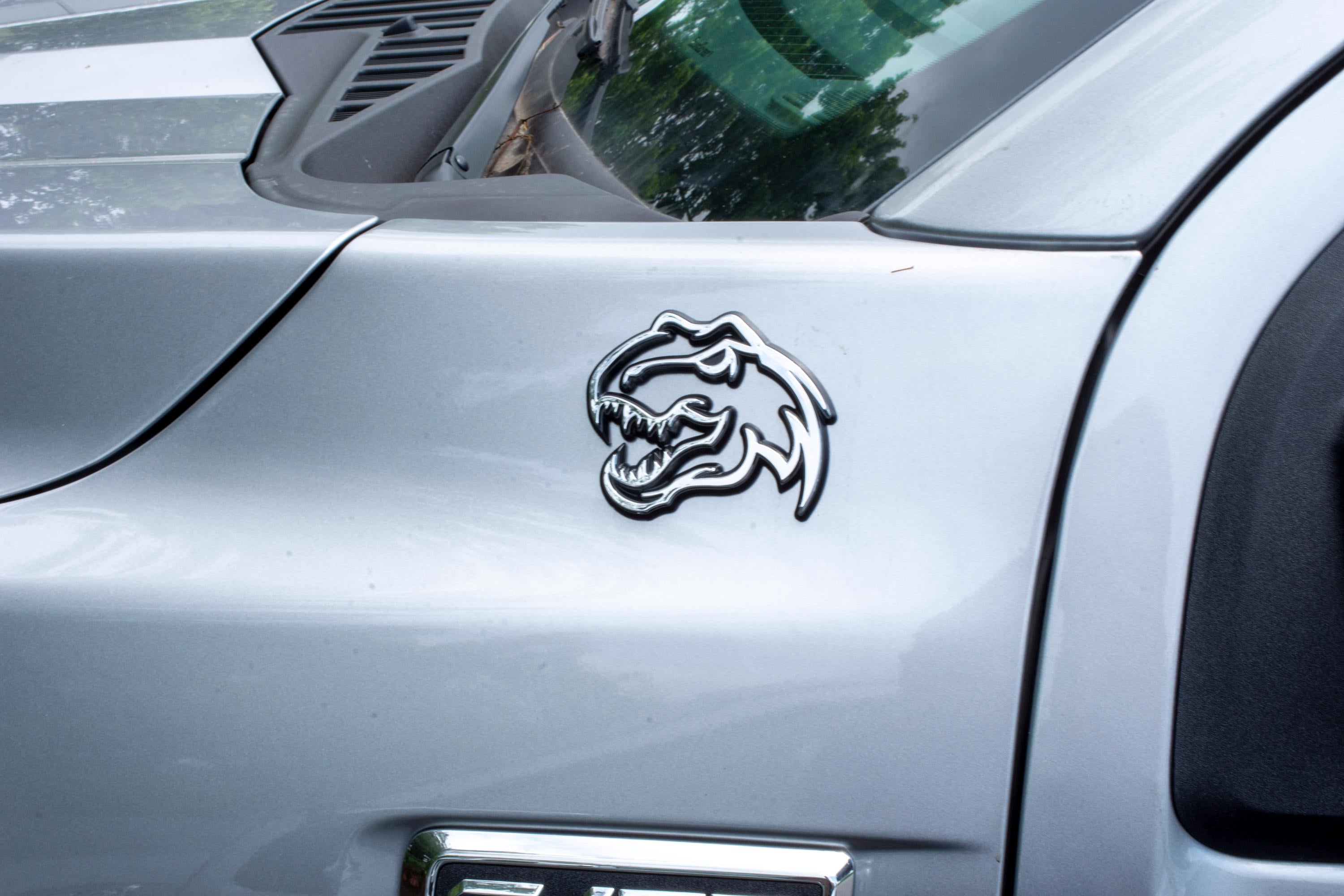 Chrome on Black Double Layer Dinosaur Fender Badges | Aggressive Raptor Design for F150, RAM 1500, and More | 2 Premium Badges