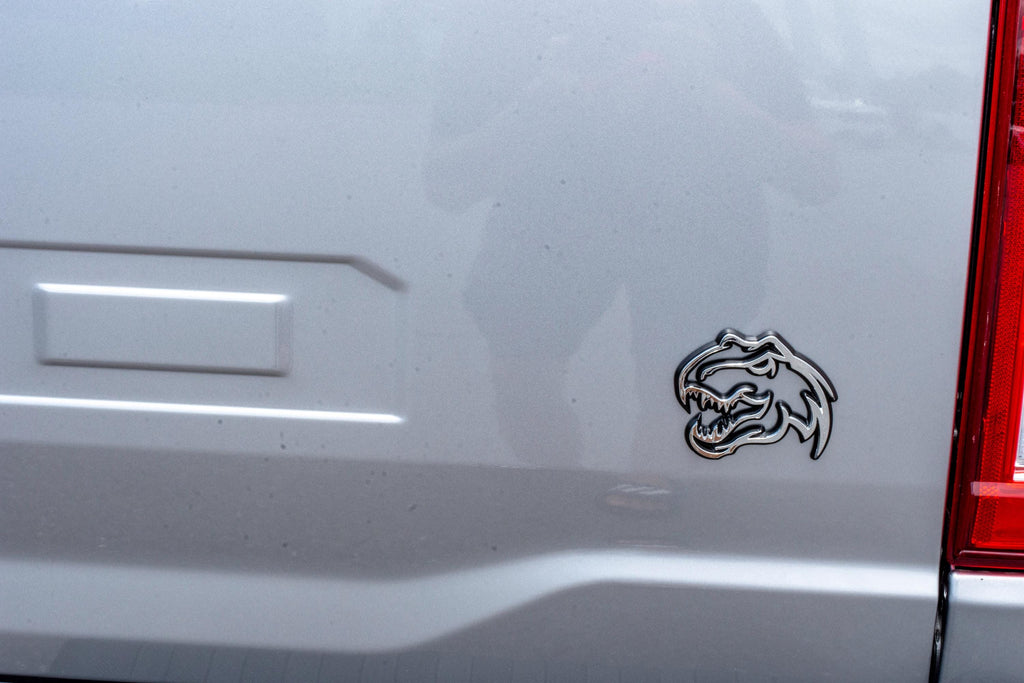 Chrome on Black Double Layer Dinosaur Fender Badges | Aggressive Raptor Design for F150, RAM 1500, and More | 2 Premium Badges
