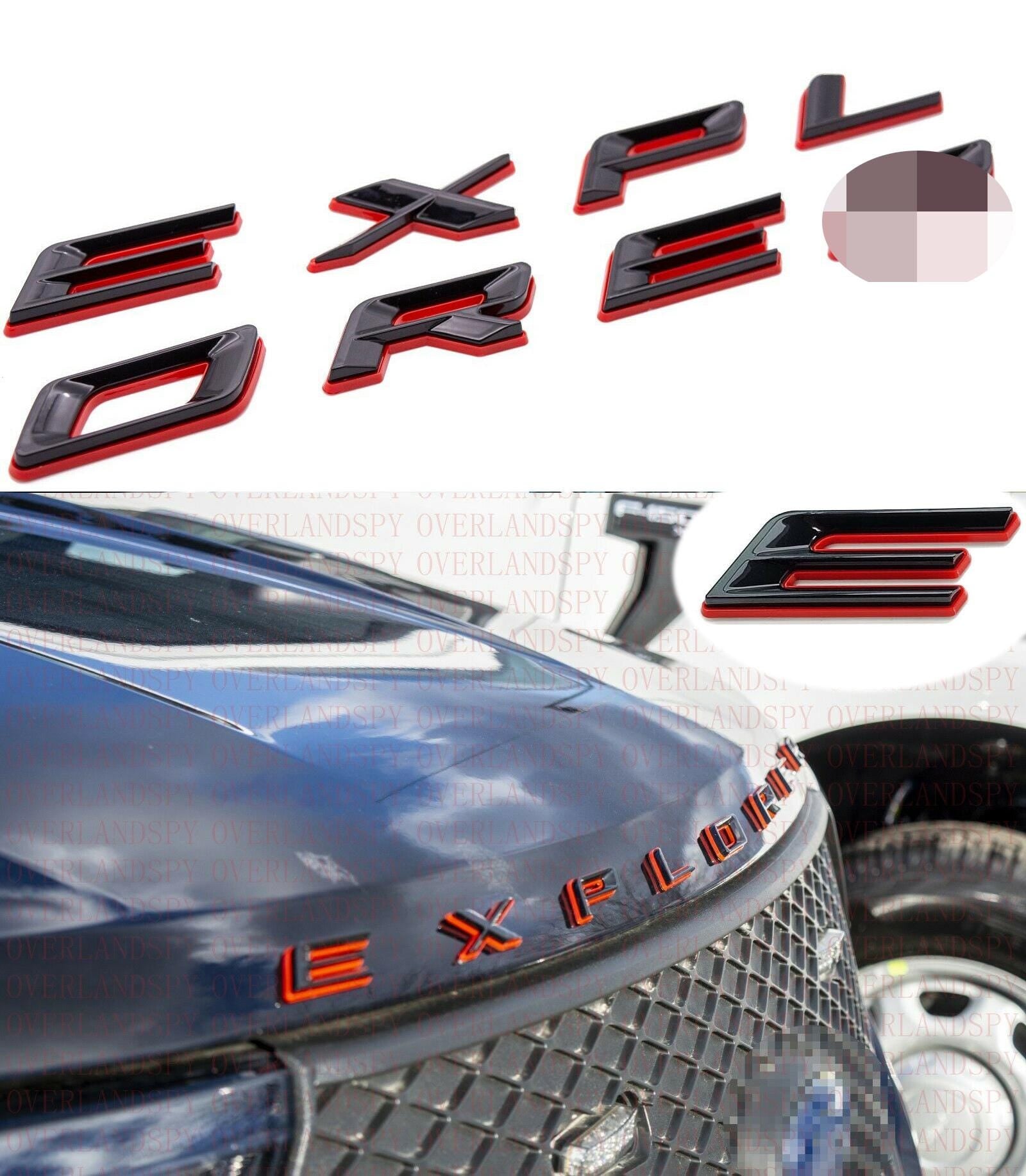 Black on Red 3D Front Hood Explorer Letters Decal Fit for 2011-2024 Explorer Model Emblem Badge