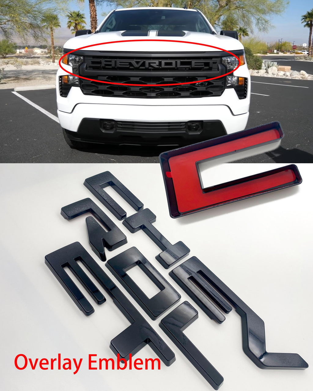 Black Overlay Letters Emblem for Front Grille Fits 2022-2025 Chevy Silverado Work Truck GF5 or Custom GF2 , Excludes LTZ High Country ZR2