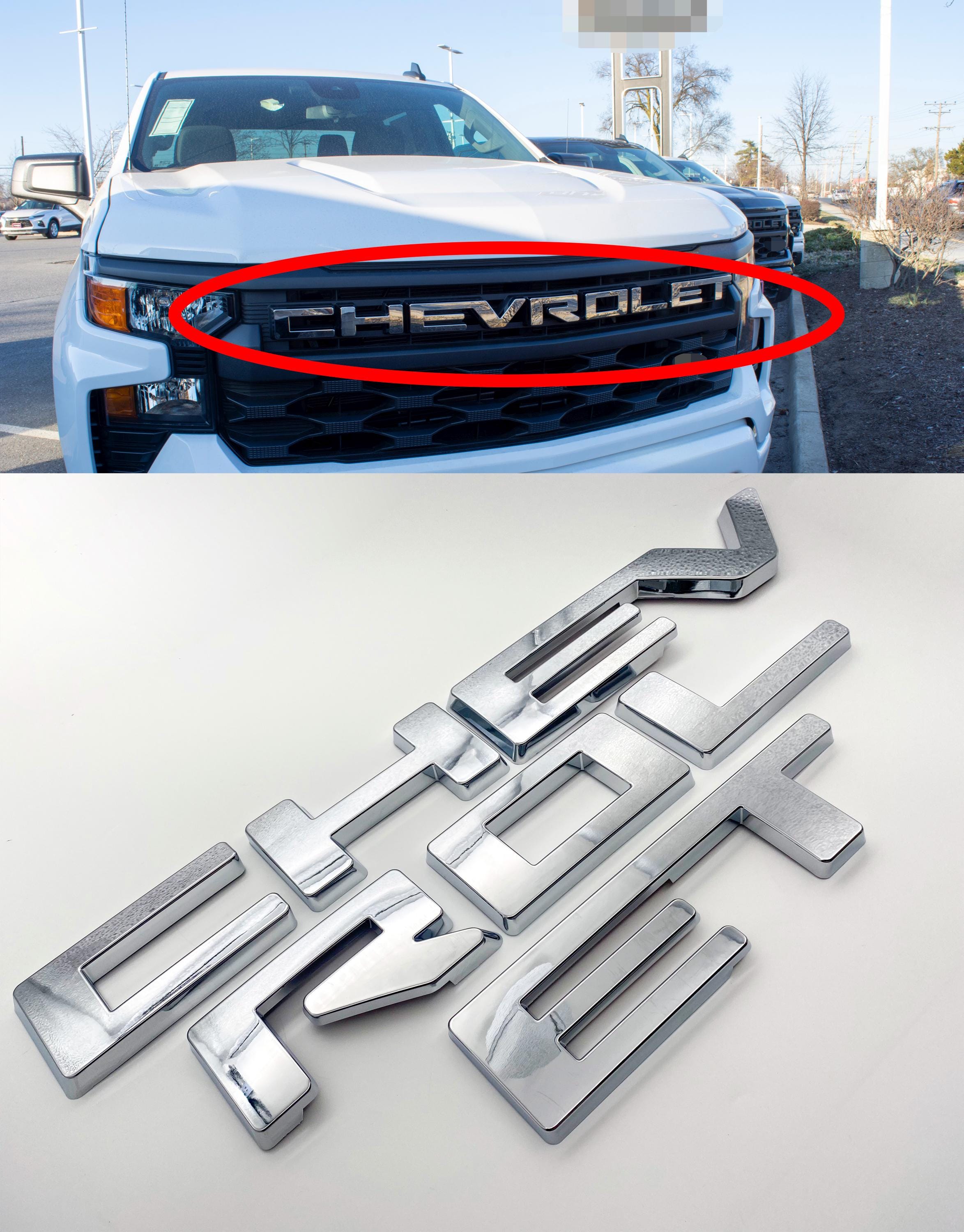 Chrome Overlay Letters Emblem for Front Grille Fits 2022-2025 Chevy Silverado Work Truck GF5 or Custom GF2 , Excludes LTZ High Country ZR2