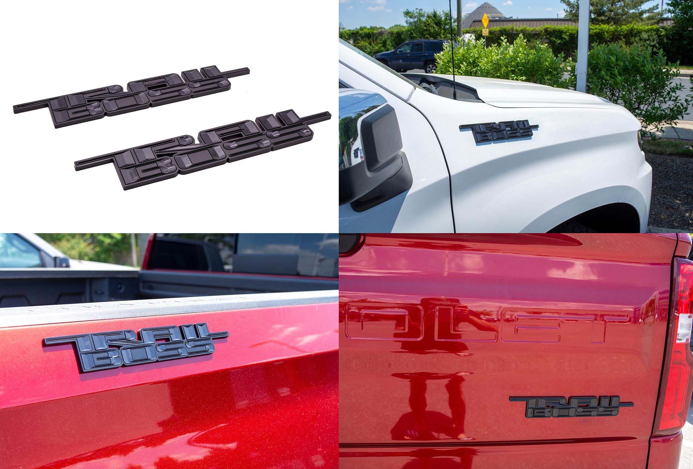 Black Custom 1/8" Thick Trailboss Bedside Emblem Badge with Adhesive - 12'' x 1.8'' - ABS Plastic