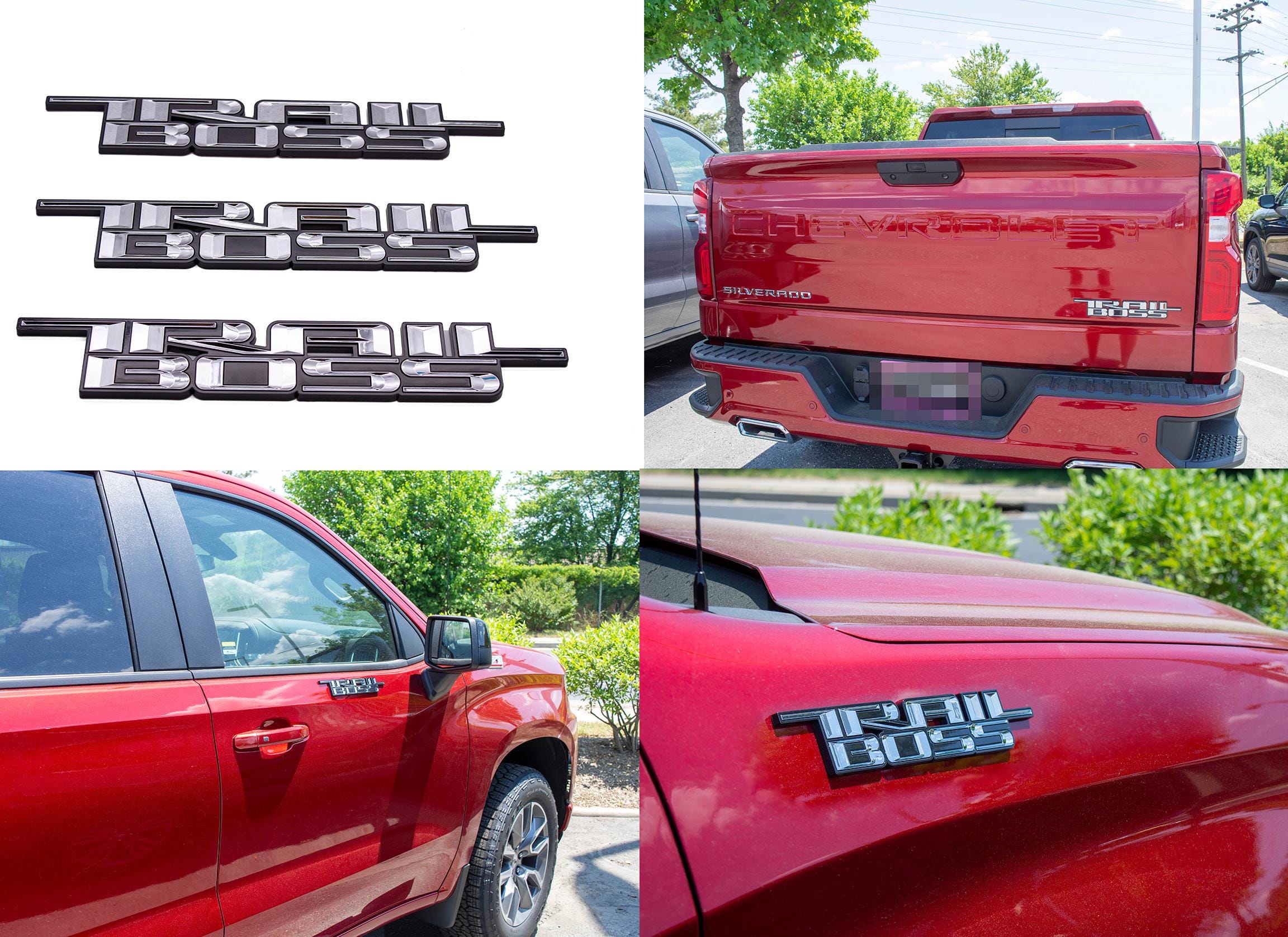 Chrome with Black outline Custom 1/8" Thick Trailboss Bedside Emblem Badge with Adhesive - 12'' x 1.8'' - ABS Plastic