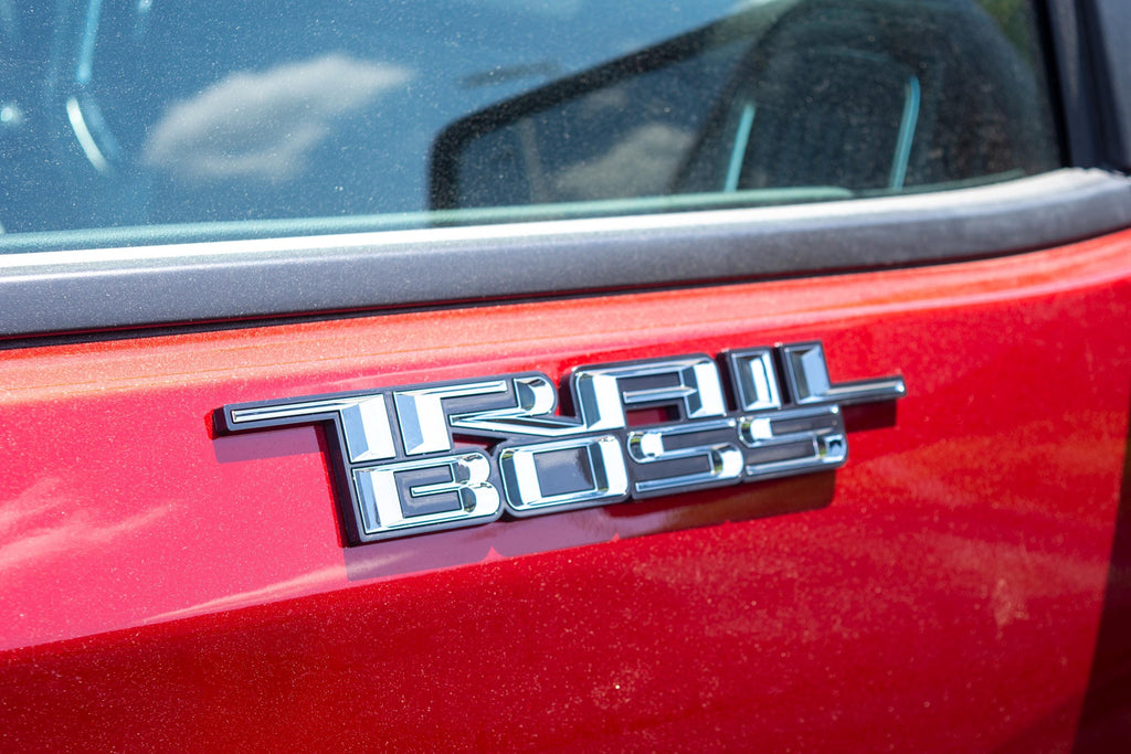 Chrome with Black outline Custom 1/8" Thick Trailboss Bedside Emblem Badge with Adhesive - 12'' x 1.8'' - ABS Plastic