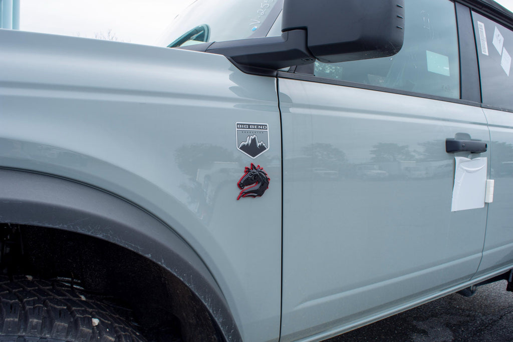 Black on Red Set of 2 Bronco Horse Emblems Badge Universal Fit for Tailgate & Fender - Compatible with Various Models