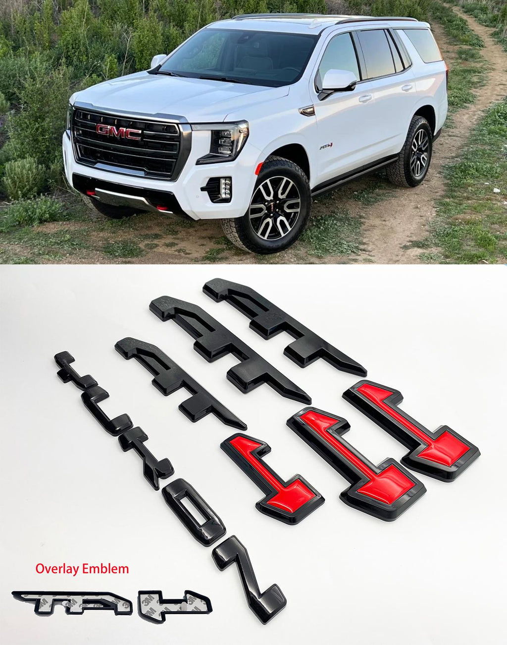 4Pcs Overlay Emblems Kit 2021-2025 Yukon AT4 Letters Emblem 3D Door Rear Nameplate