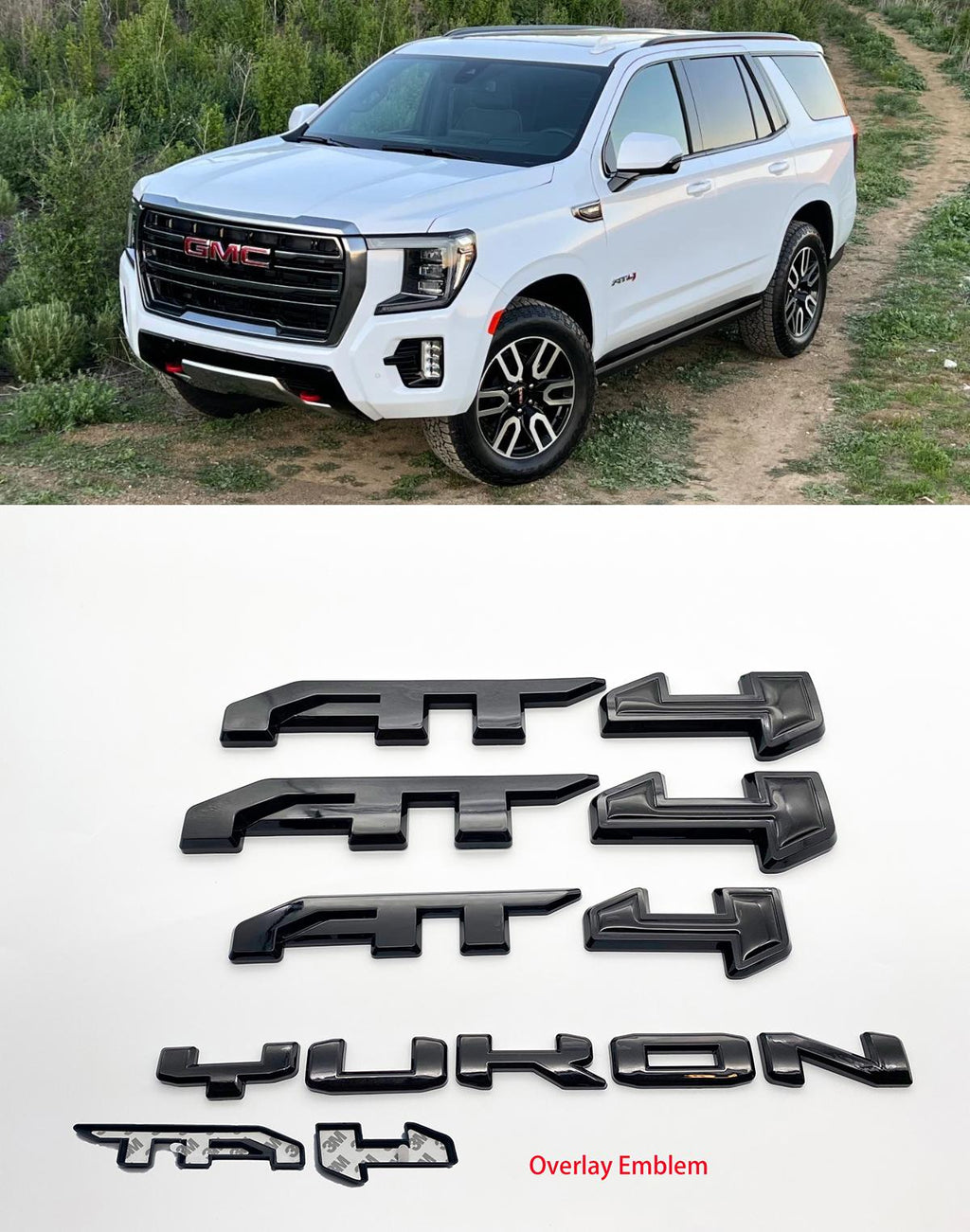 4Pcs Gloss Black Overlay Emblems Kit 2021-2025 Yukon AT4 Letters Emblem 3D Door Rear Nameplate