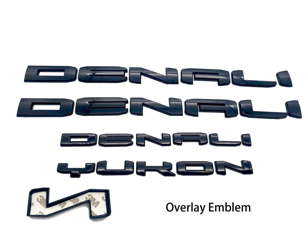 4Pcs Gloss Black Overlay Emblems Kit 2021-2025 Yukon Denali Letters Emblem 3D Door Rear Nameplate