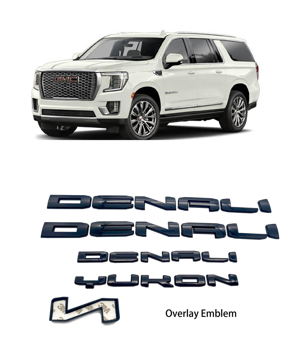 4Pcs Gloss Black Overlay Emblems Kit 2021-2025 Yukon Denali Letters Emblem 3D Door Rear Nameplate