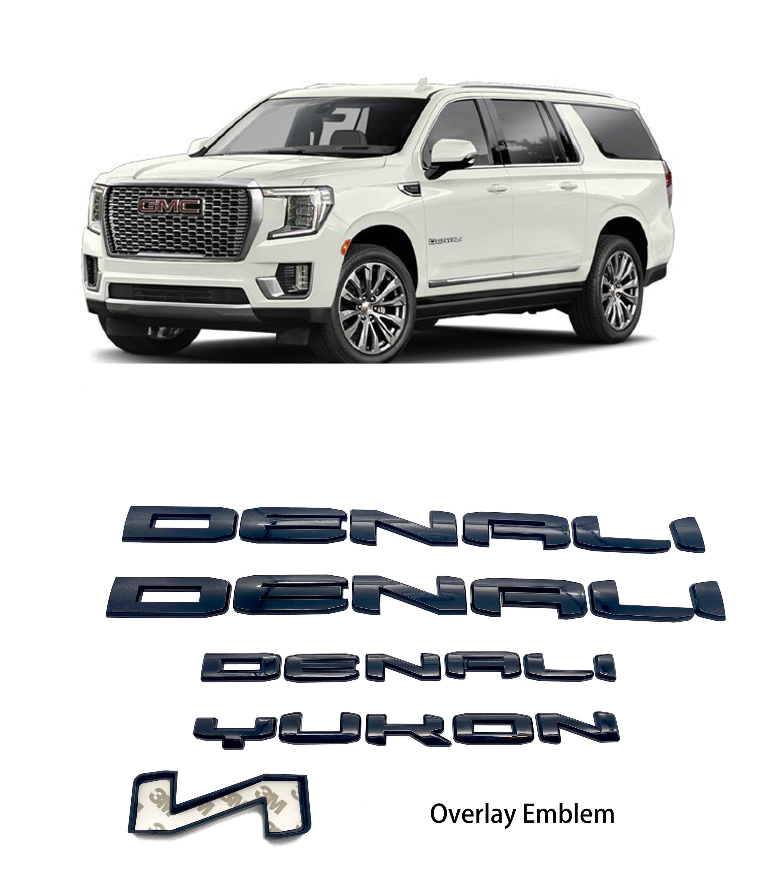4Pcs Gloss Black Overlay Emblems Kit 2021-2025 Yukon Denali Letters Emblem 3D Door Rear Nameplate