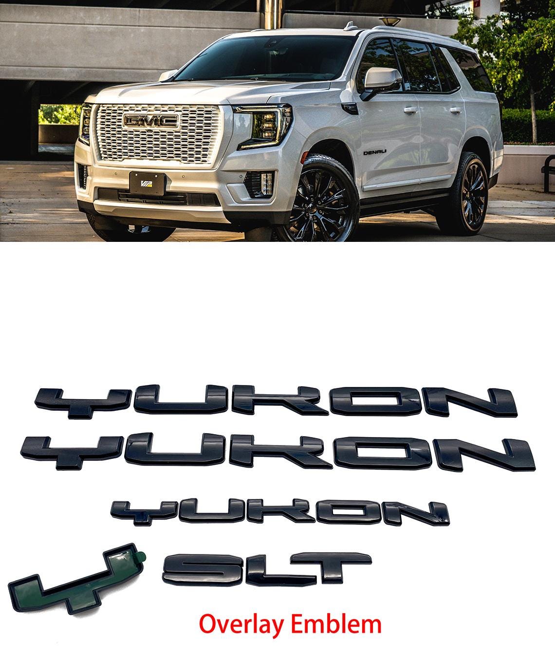 4Pcs Gloss Black Overlay Emblems Kit 2021-2025 Yukon SLT Letters Emblem 3D Door Rear Nameplate