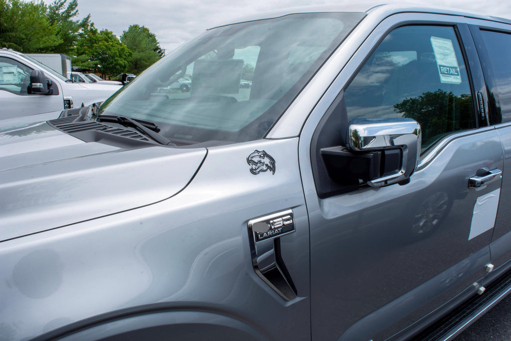 Black on Chrome Double Layer Dinosaur Fender Badges | Aggressive Raptor Design for F150, RAM 1500, and More | 2 Premium Badges