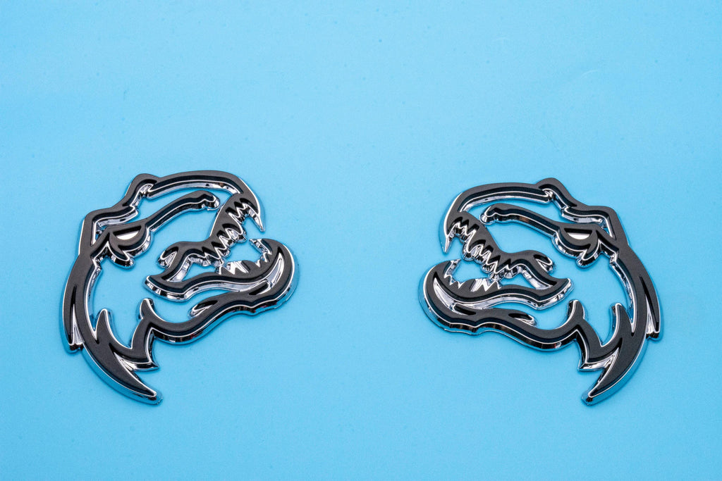 Black on Chrome Double Layer Dinosaur Fender Badges | Aggressive Raptor Design for F150, RAM 1500, and More | 2 Premium Badges