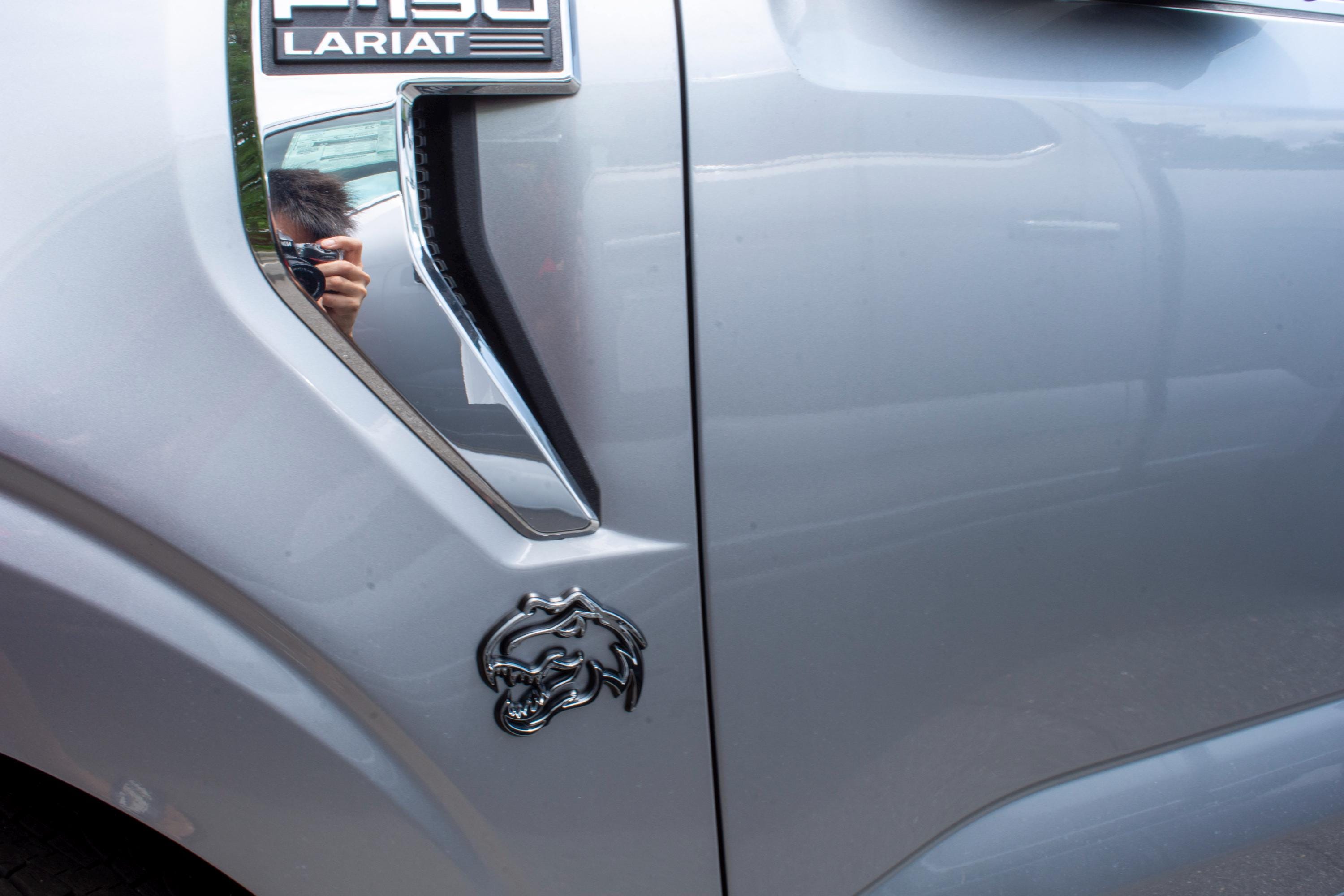 Chrome on Black Double Layer Dinosaur Fender Badges | Aggressive Raptor Design for F150, RAM 1500, and More | 2 Premium Badges