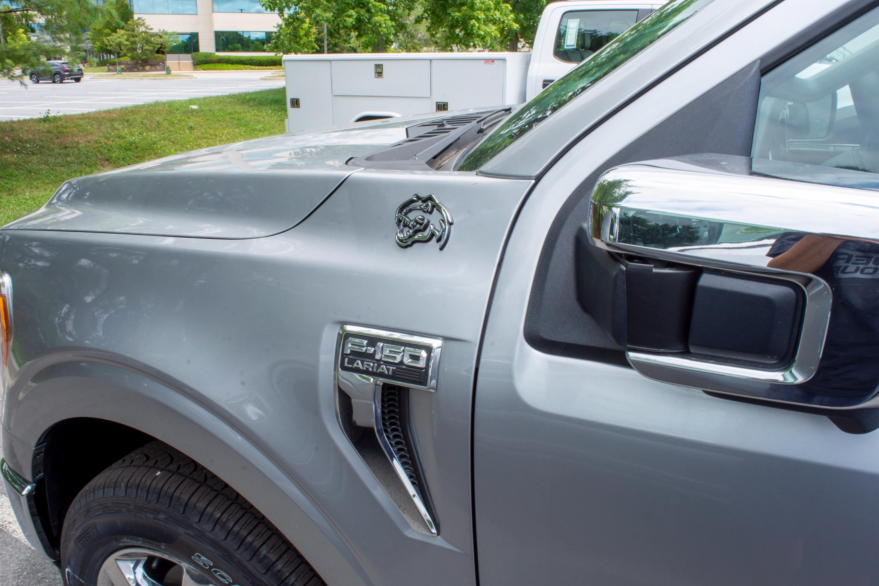 Chrome on Black Double Layer Dinosaur Fender Badges | Aggressive Raptor Design for F150, RAM 1500, and More | 2 Premium Badges