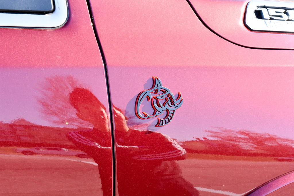 Black on Red Elephant Head Fender Left/Right Side Badge 3D Emblems Decal Stickers for Hellephant Challenger Charger TRX Silverado