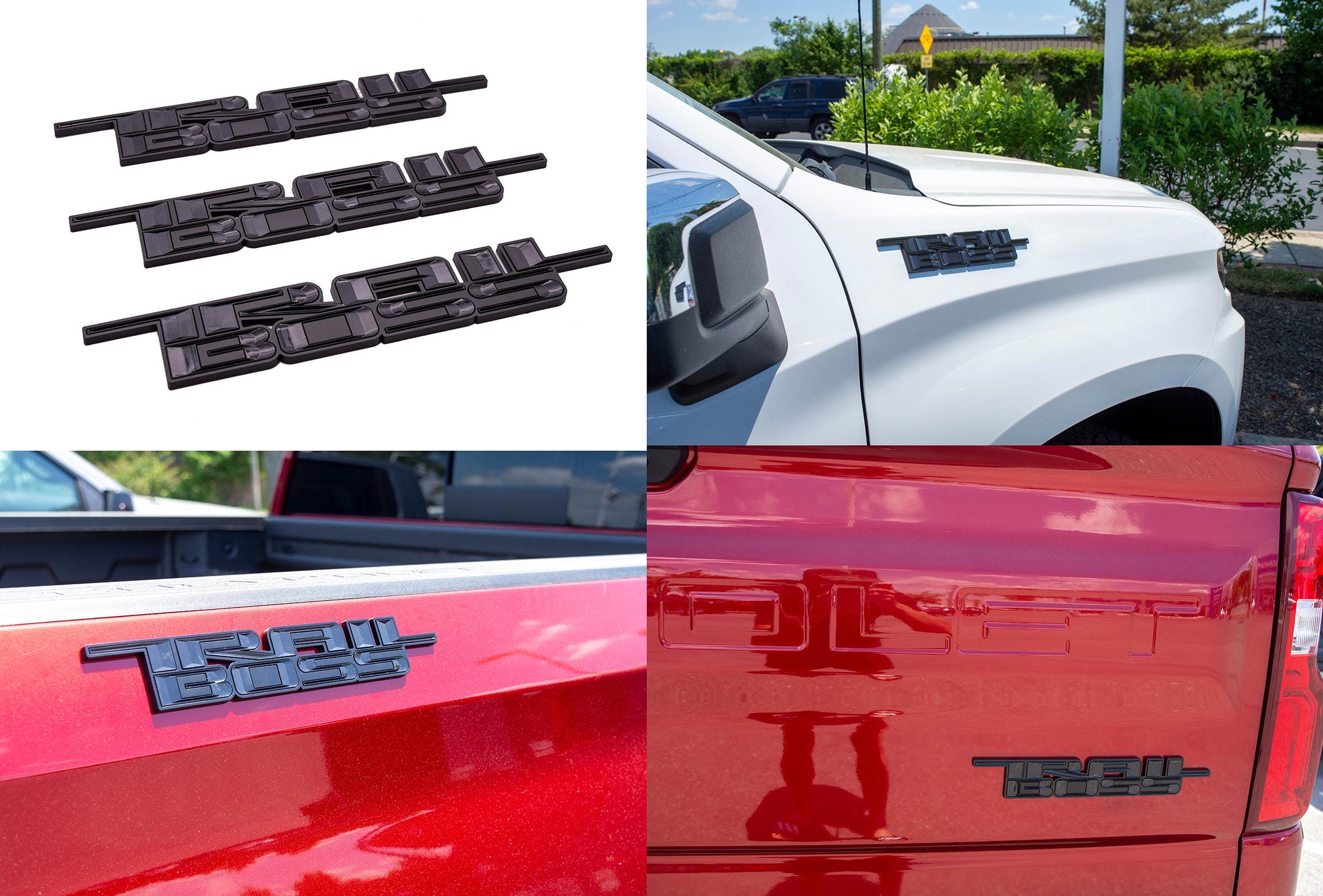 Black Custom 1/8" Thick Trailboss Bedside Emblem Badge with Adhesive - 12'' x 1.8'' - ABS Plastic