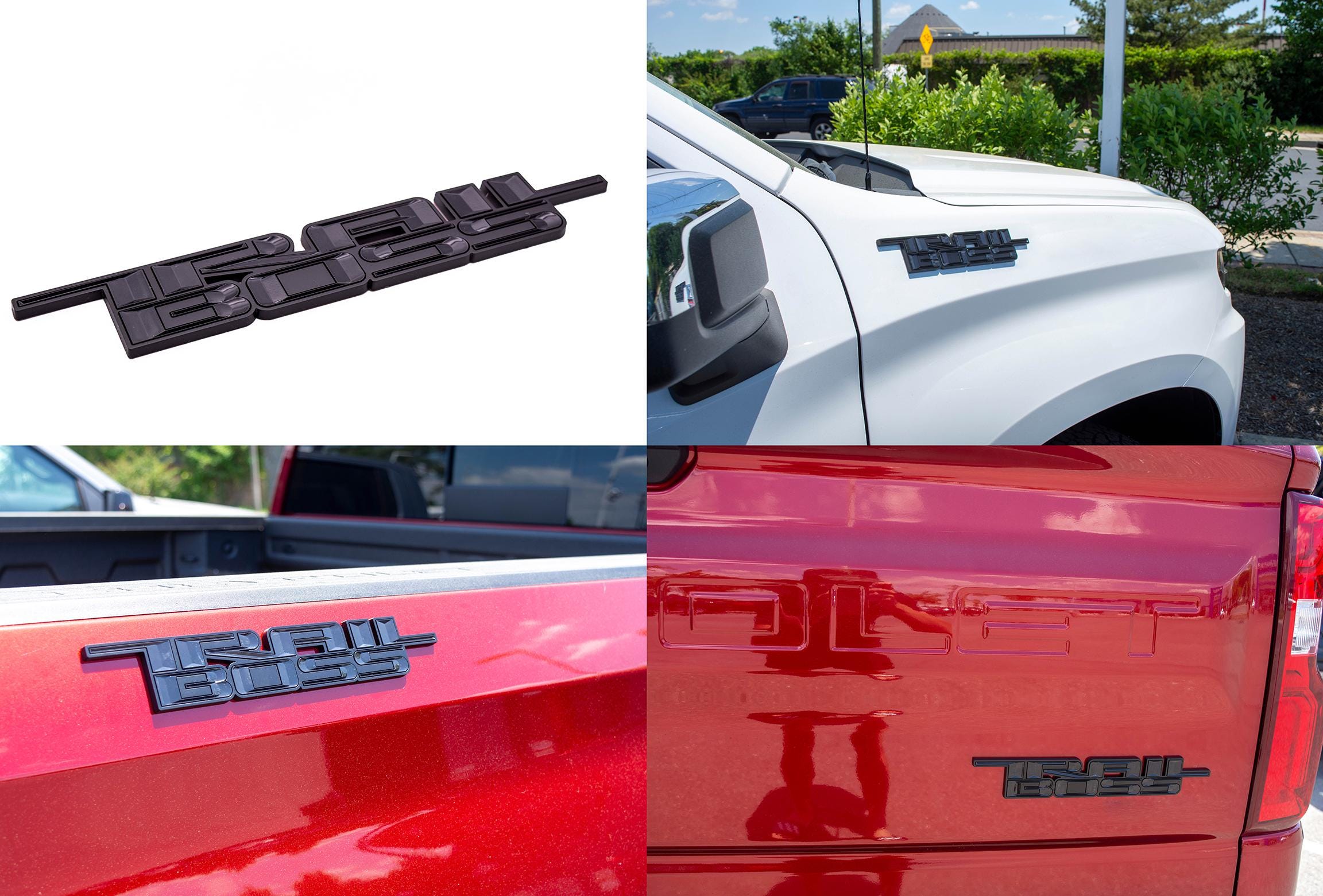 Black Custom 1/8" Thick Trailboss Bedside Emblem Badge with Adhesive - 12'' x 1.8'' - ABS Plastic