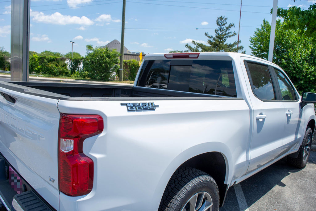 Chrome with Black outline Custom 1/8" Thick Trailboss Bedside Emblem Badge with Adhesive - 12'' x 1.8'' - ABS Plastic