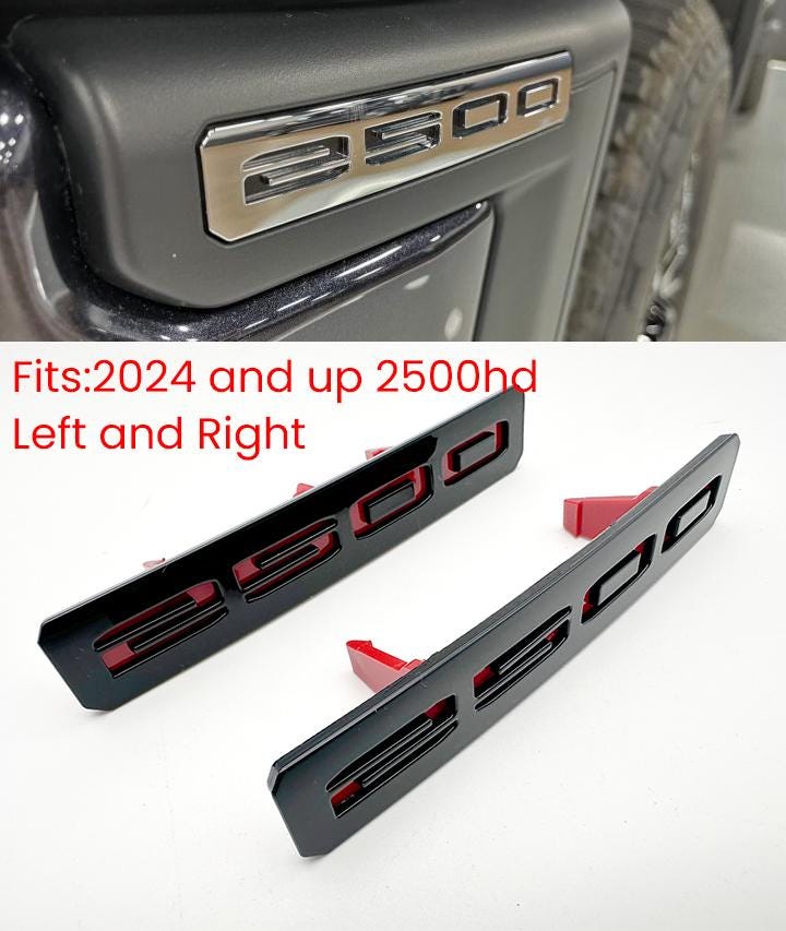 Gloss Black and Red Front Bumper Fascia Fender 2500HD Emblems - Replacement for 2024+ GMC Sierra 2500HD