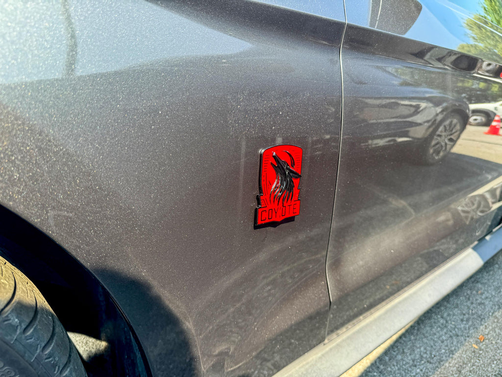 Coyote Emblem – Mustang Accessories for Fender / Door | OEM+ Style, 4"x4" Black RED