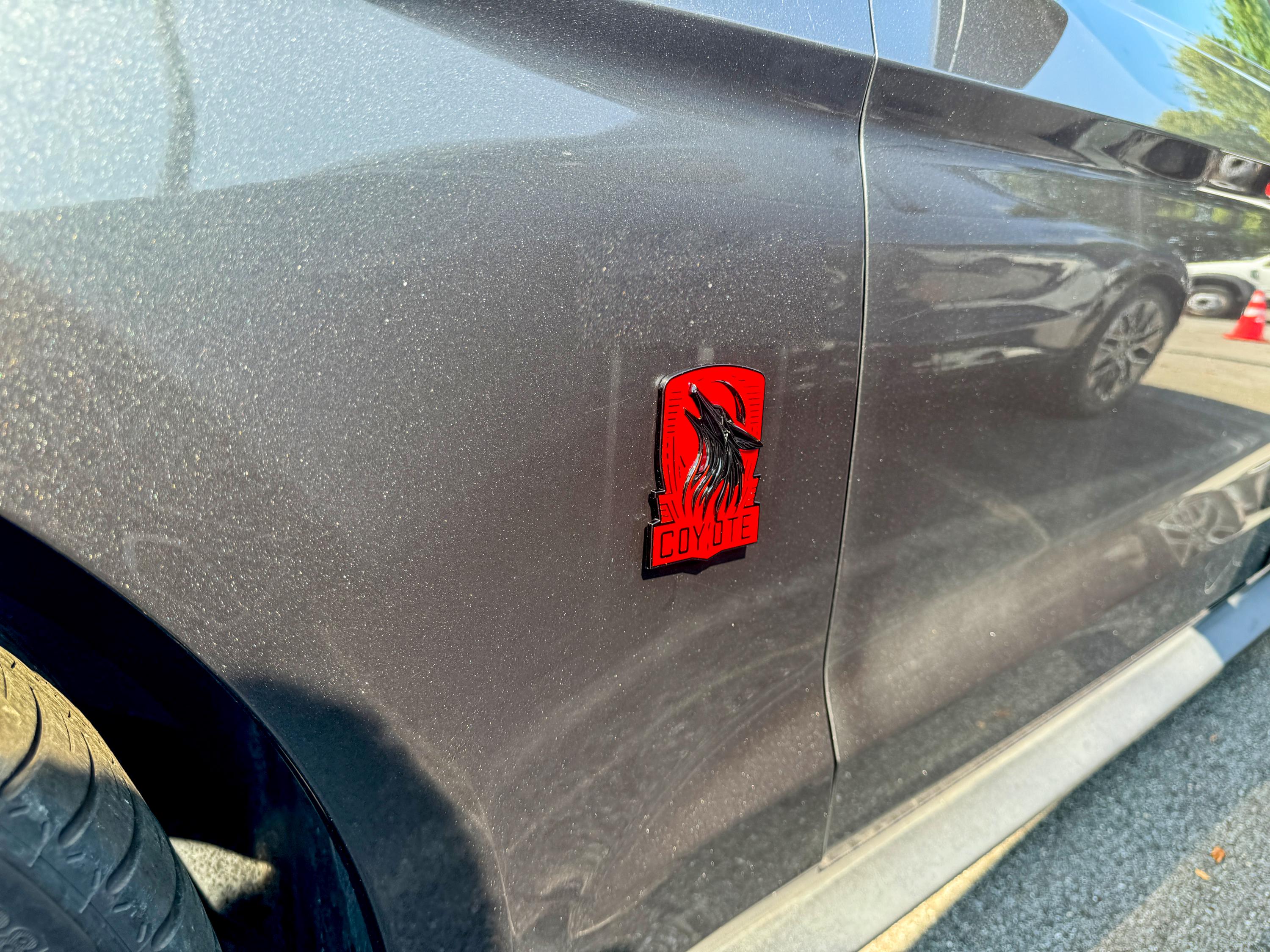 Coyote Emblem – Mustang Accessories for Fender / Door | OEM+ Style, 4"x4" Black RED