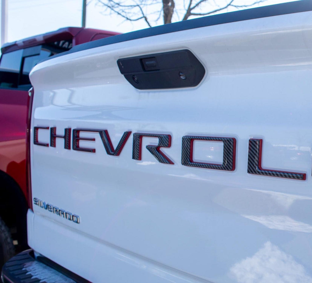 Black Fiber with Red outline Premium 3D Raised Coated Tailgate Letter Inserts Decals Fit With Chevrolet Silverado 2019-2024 Model