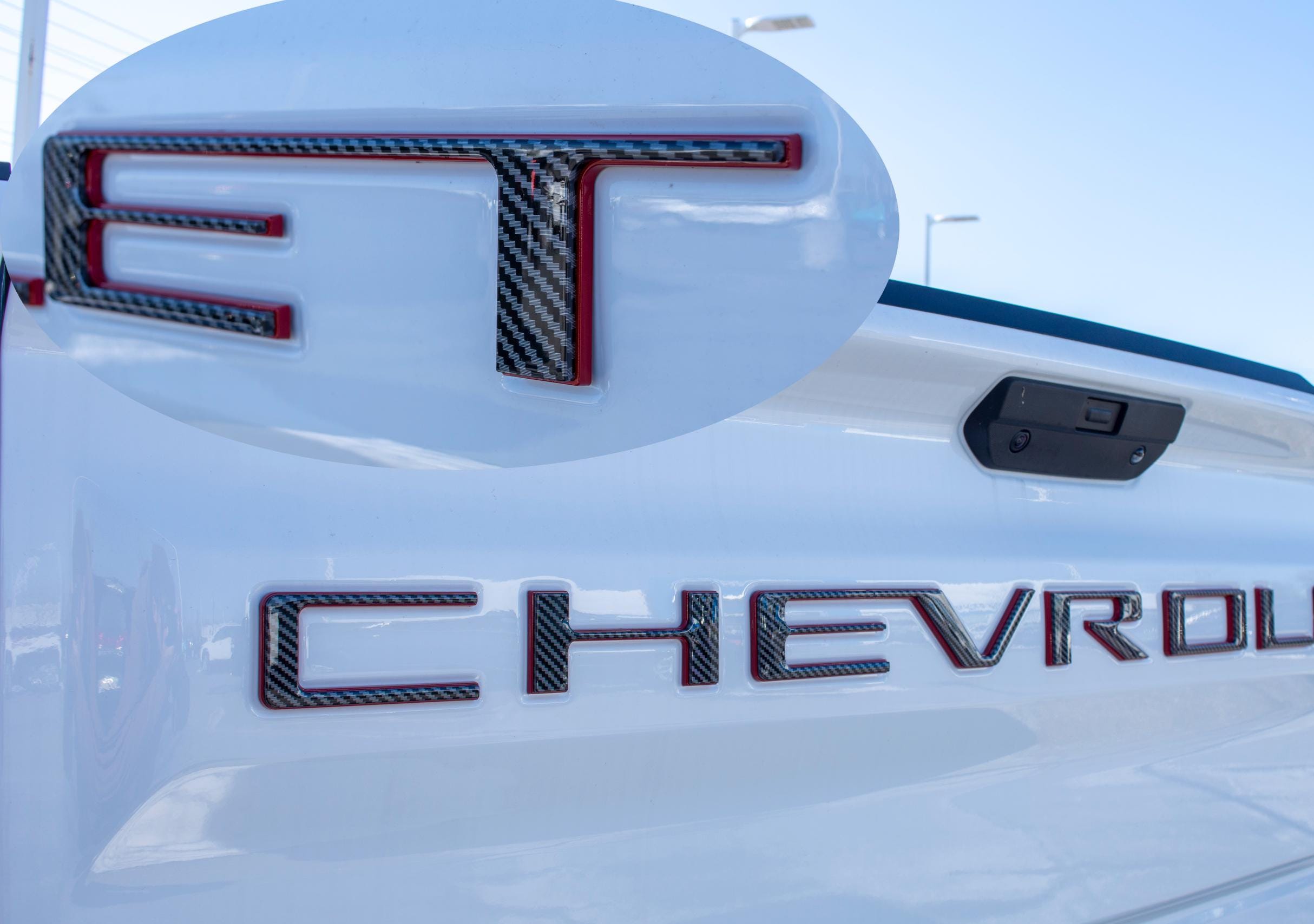 Black Fiber with Red outline Premium 3D Raised Coated Tailgate Letter Inserts Decals Fit With Chevrolet Silverado 2019-2024 Model